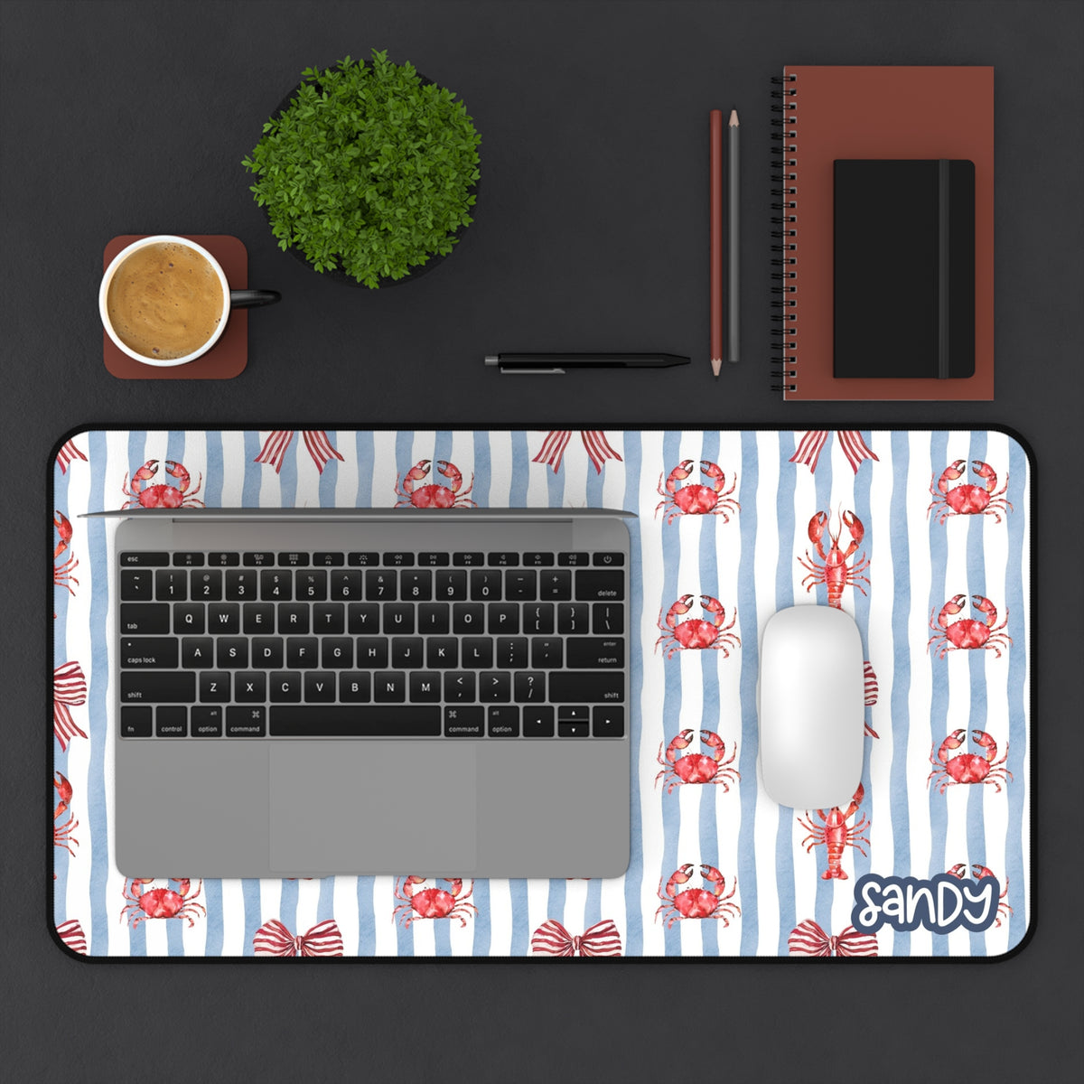 Coastal Desk Mat | Nautical Crab & Lobster Striped Desk Mat — Coastal Office Mouse Pad
