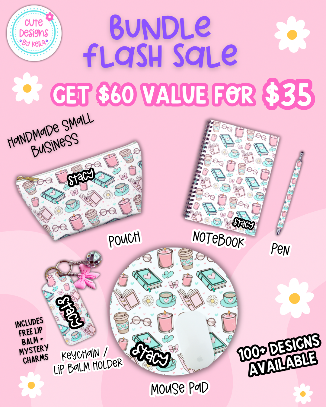 Matching mousepad, notebook, pen, pouch and bag charm/key chain lip balm holder - Personalization option available!