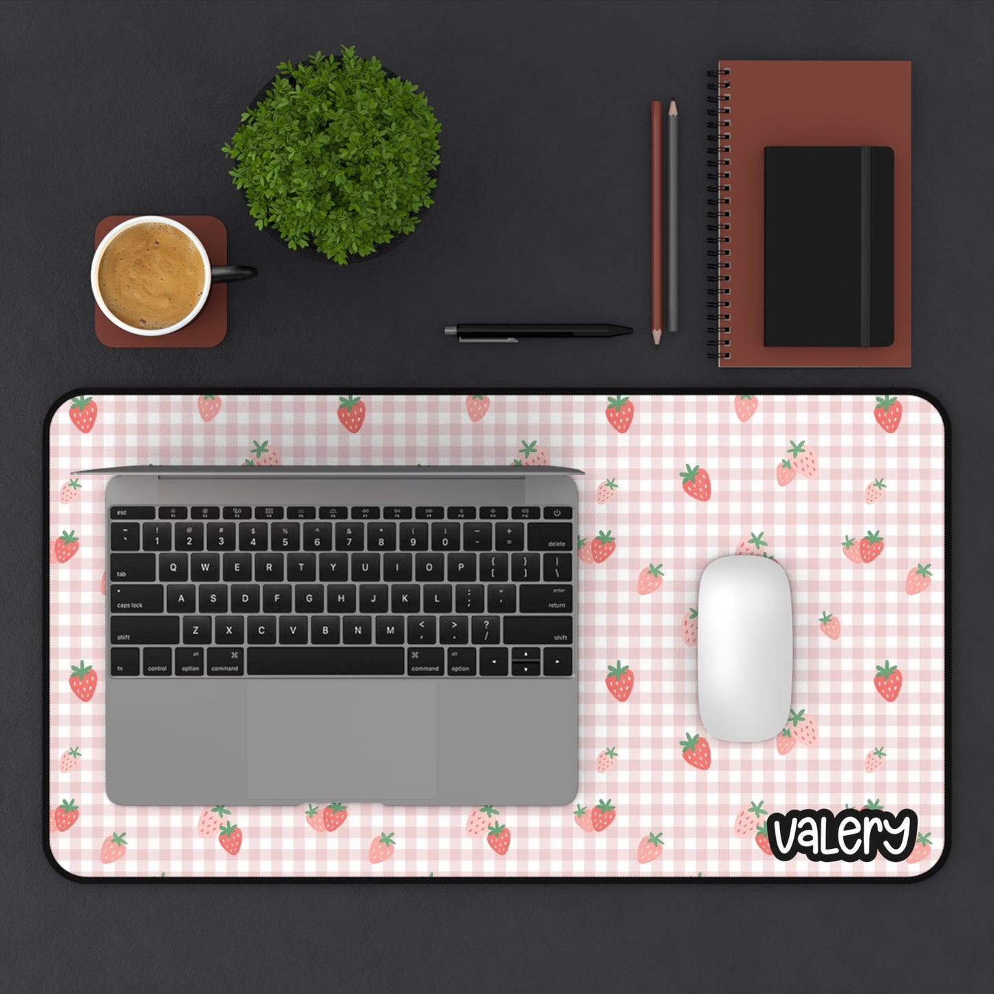 Cute Strawberry Desk Mat, Office Decor, Stationery Gift, Home Office, Floral Desk Accessory, Pink Desk Mat, Stylish Desk Cover
