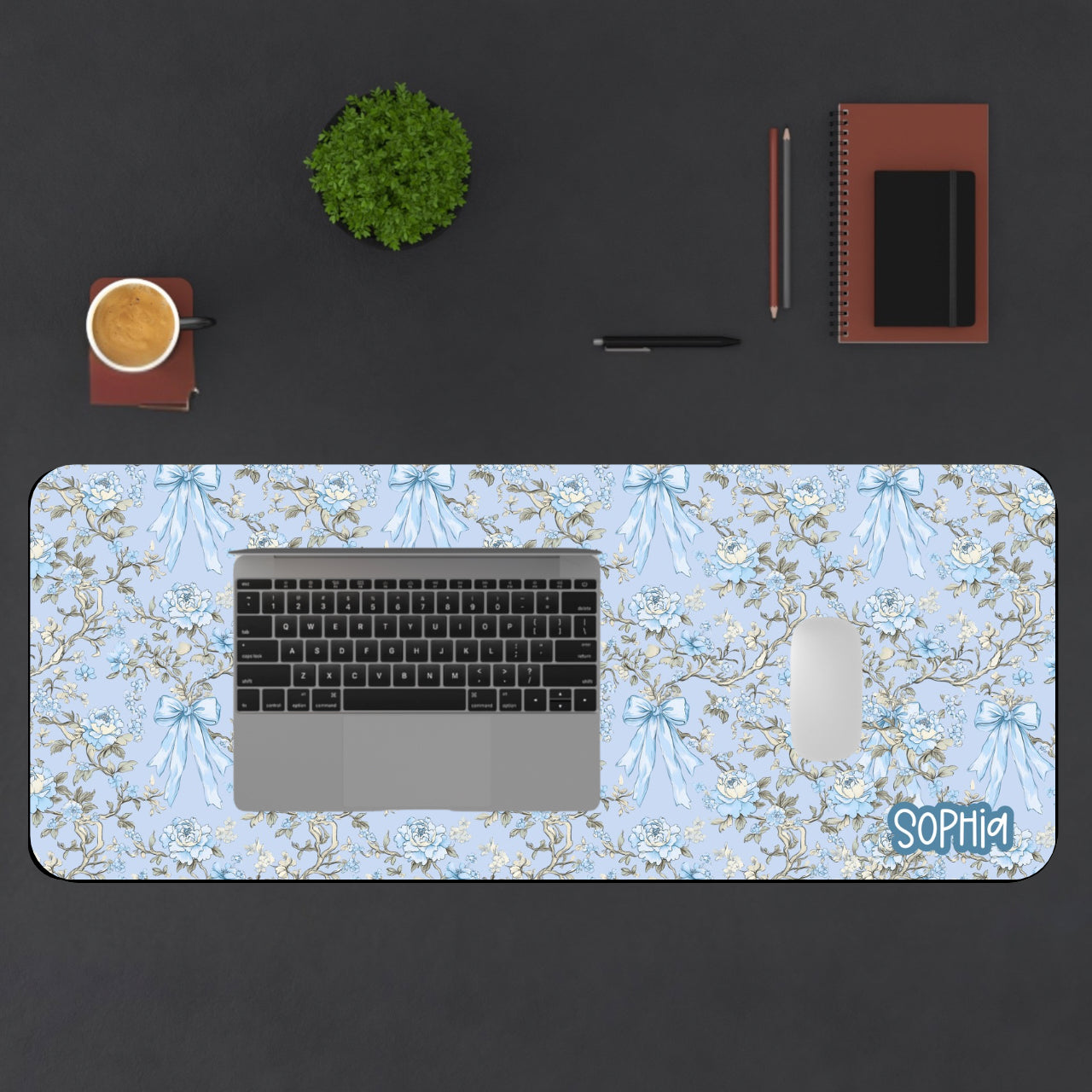 Floral Blue Bow Desk Mat | Blue Pastel Desk Mat | Personalized Vintage Chic Mouse Pad