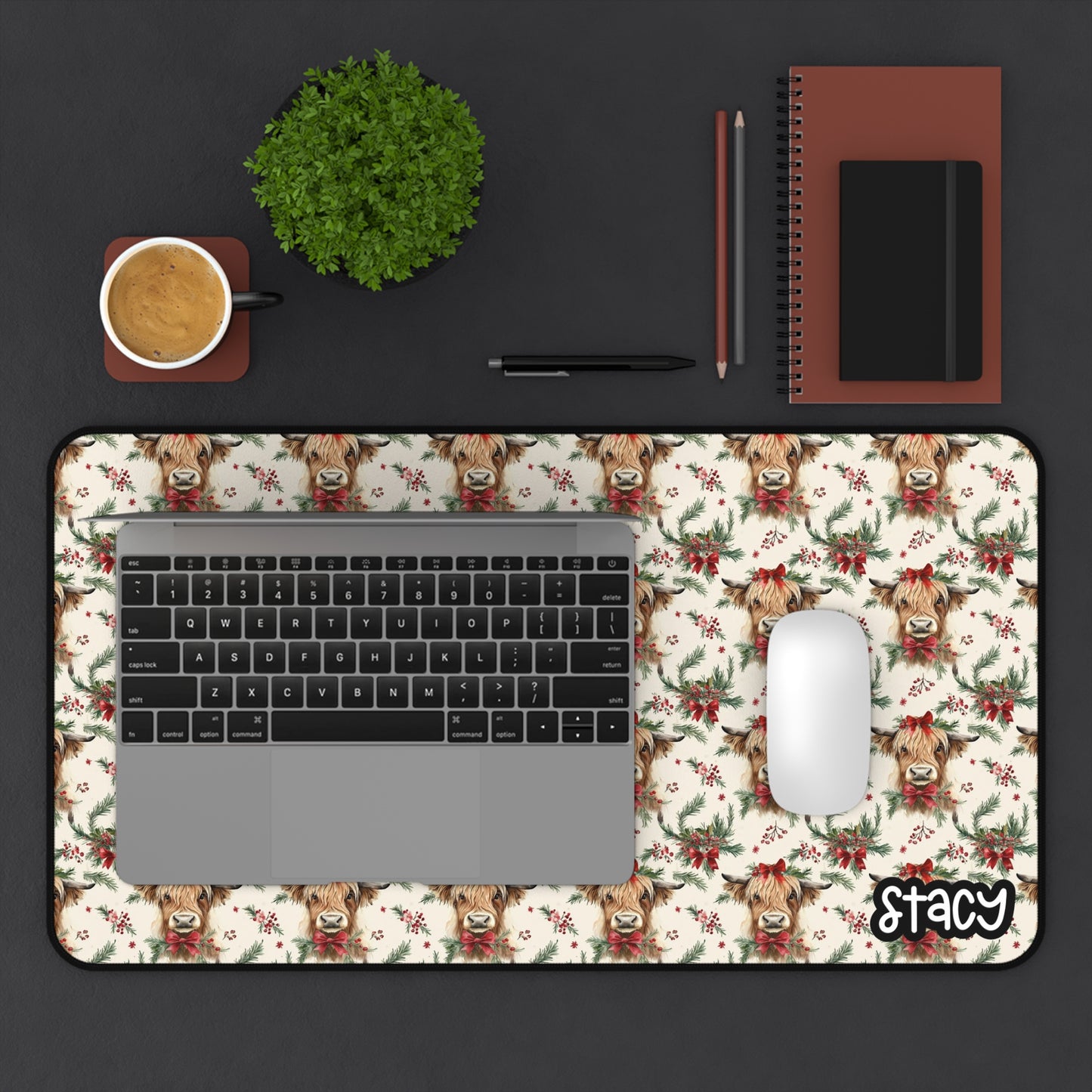 Christmas Highland Cows Pattern Desk Mat — Personalized Holiday Mouse Pad
