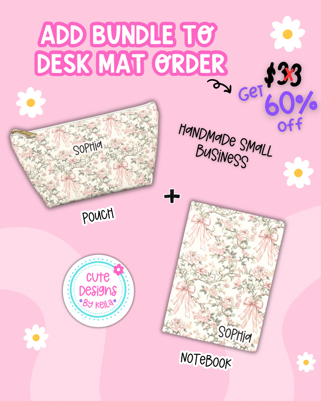Add this bundle to your desk mat order for 60% off - includes pouch & notebook matching your desk mat design (original value $33)