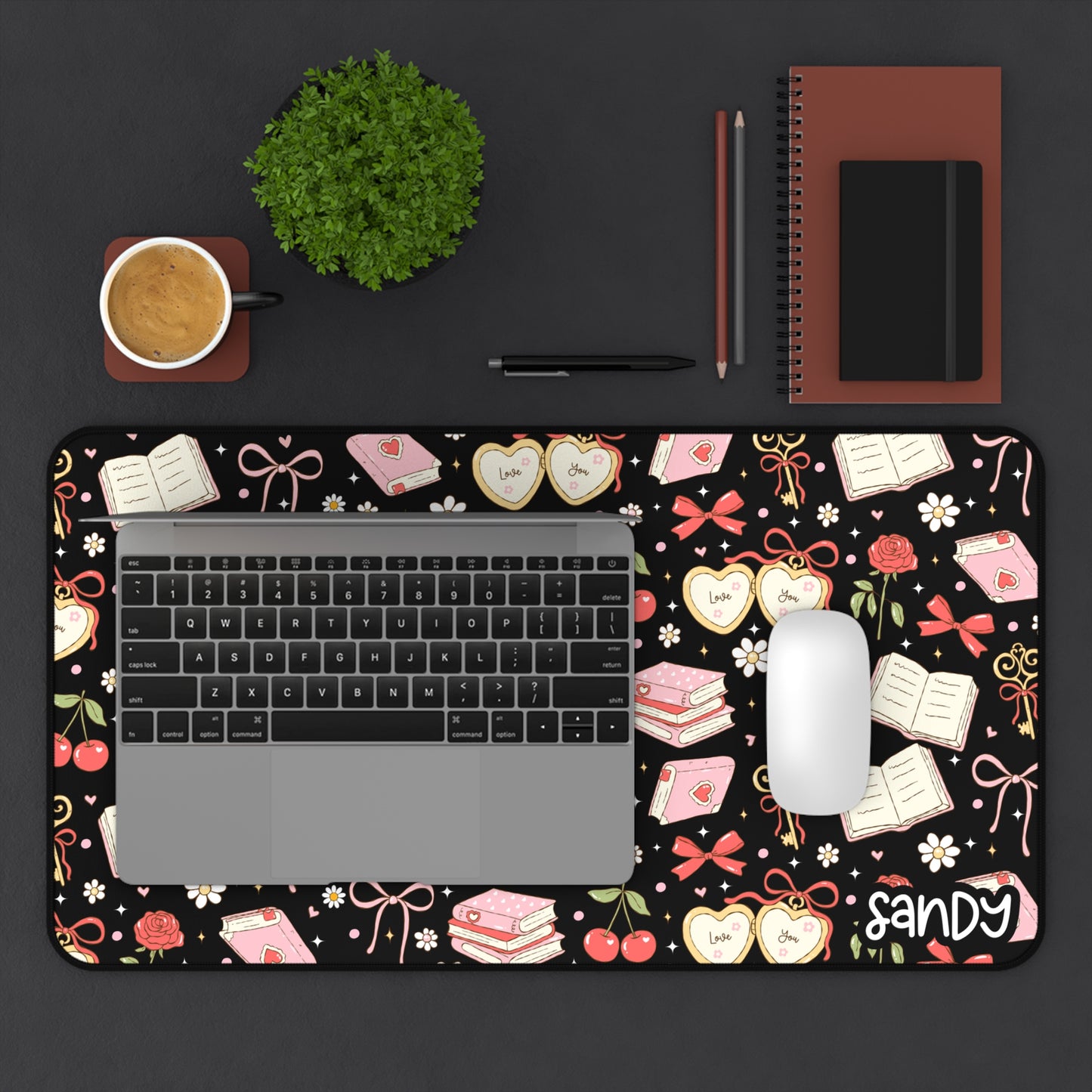 Bookish Cherry Desk Mat (black) — Pink Hearts, Tea & Reading Pattern Mouse Pad