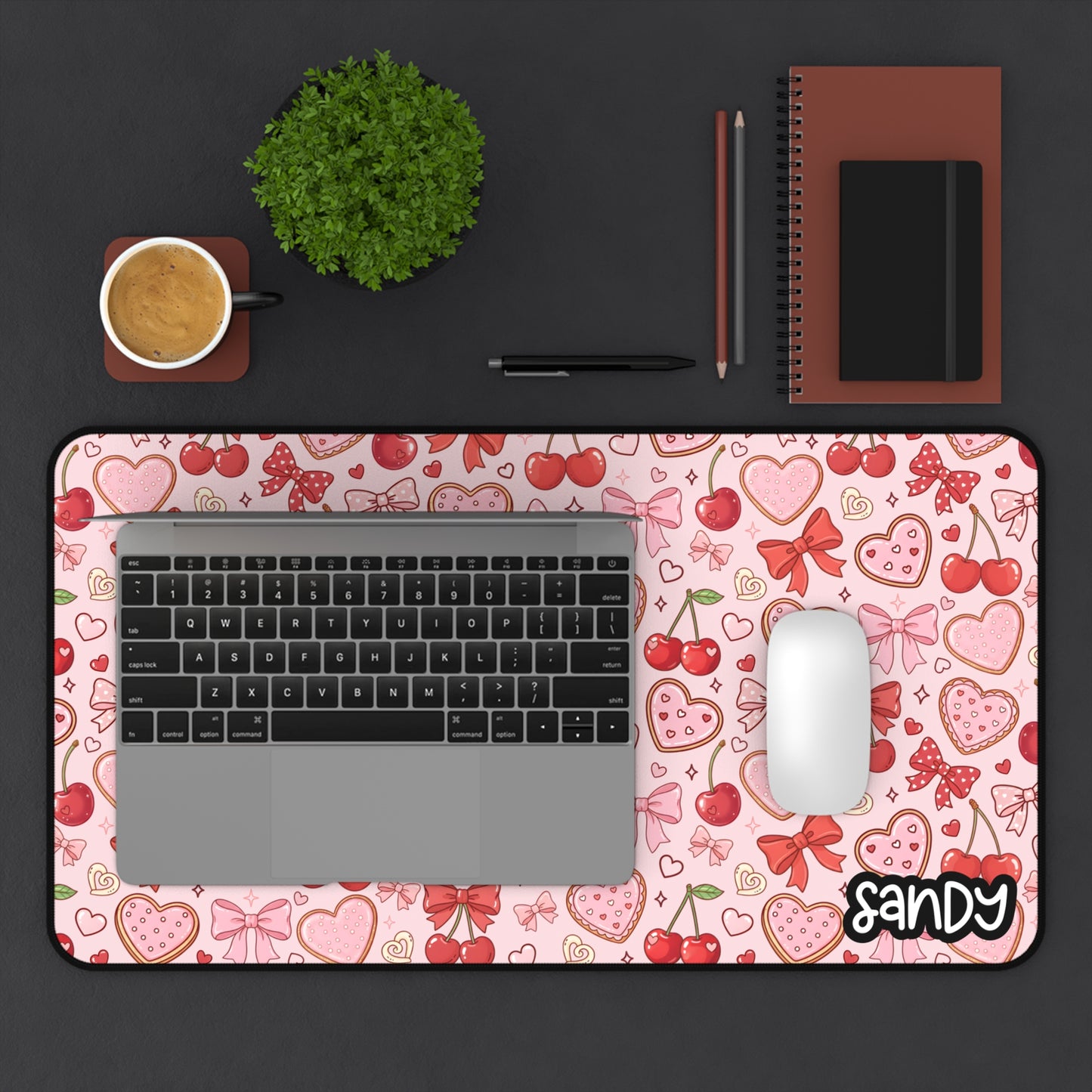 Pink Cherry & Hearts Desk Mat — Cute Valentine Gaming Mouse Pad