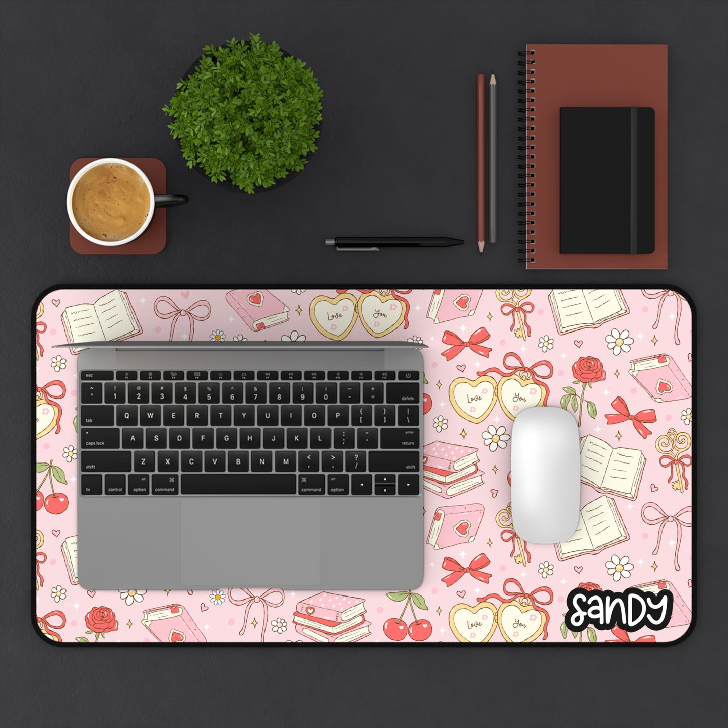 Bookish Cherry Pink Desk Mat — Cute Books, Tea & Cherry Pattern