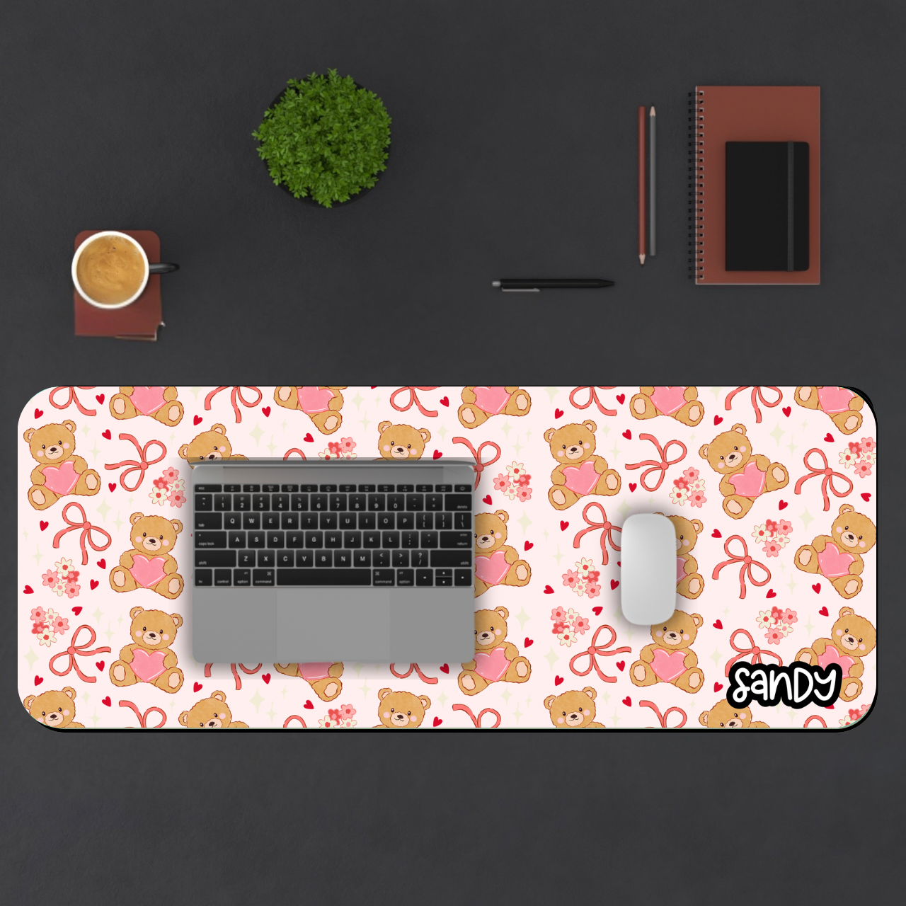 Cute Teddy Bears Desk Mat — Pink Hearts & Bows Mouse Pad