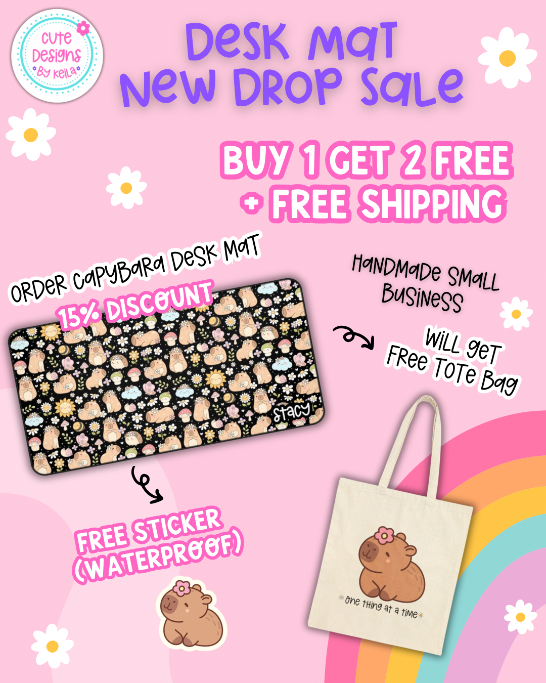 Cute Capybara Desk Mat with Floral Design (black)- Cute Personalized Desk Mat | Includes Free Tote Bag & Sticker (waterproof)