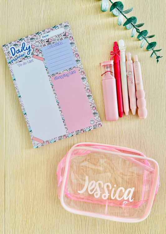 Cute Daily Planner Kit – Aesthetic Notepad, Pens, Highlighter & Clear Pouch | Cute Stationery Gift Set for Work or School