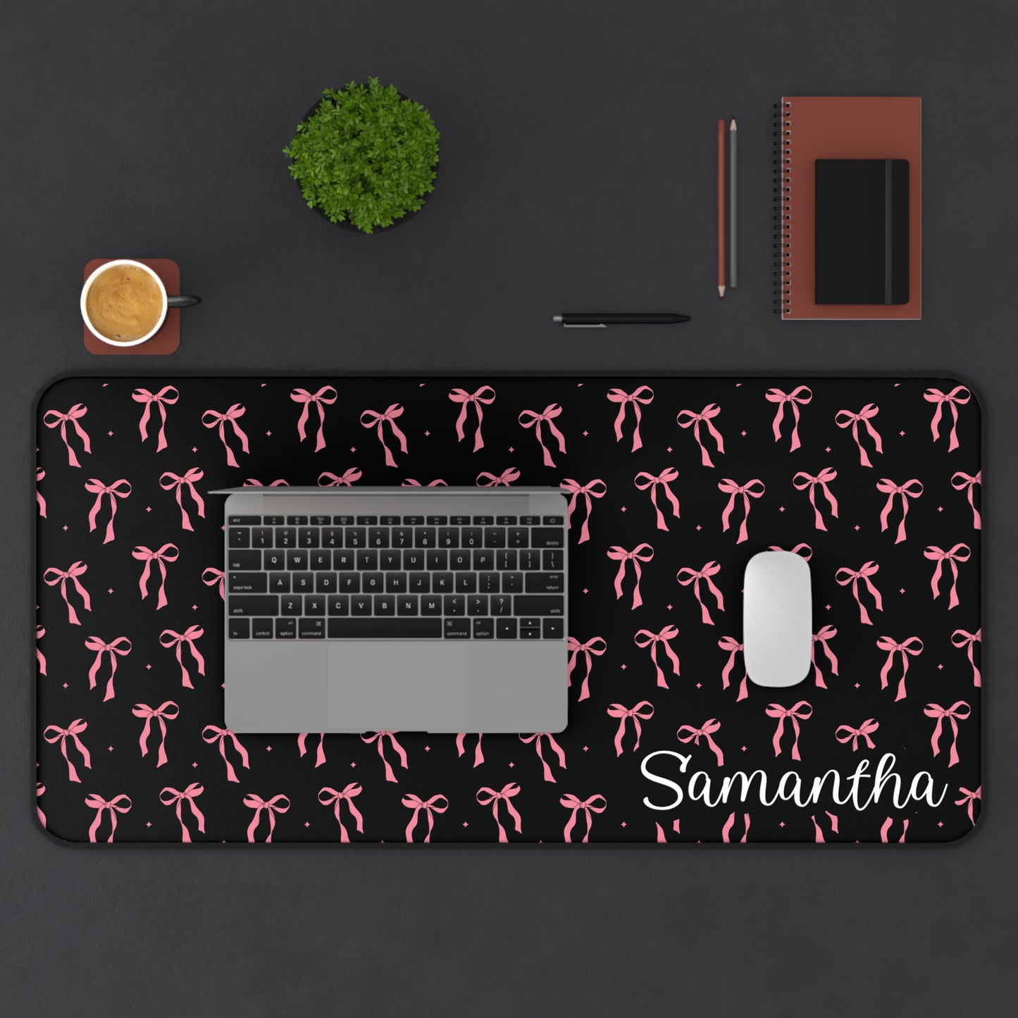 Personalized Coquette Pink Bows Black Desk Mat | Cute Desk Pad