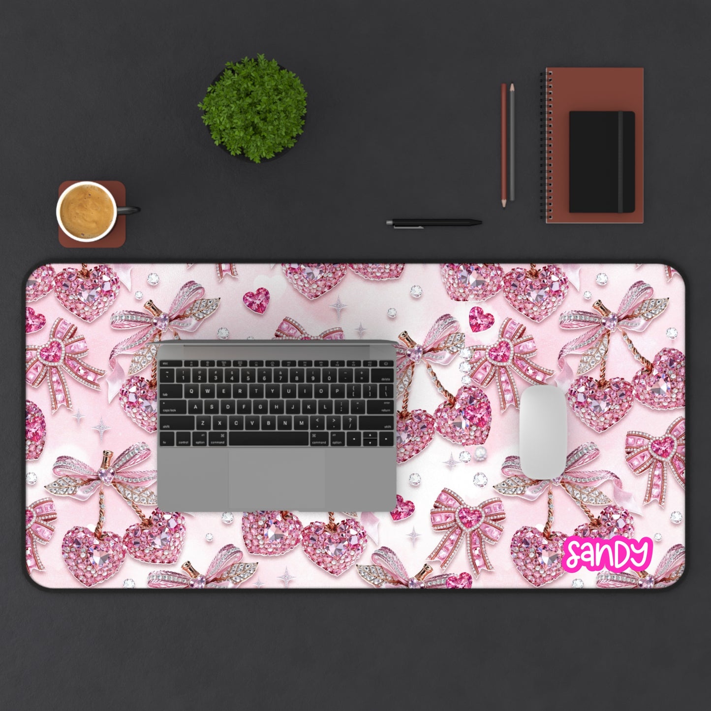 Pink Glitter Bow Cherry Desk Mat | Personalized Valentine Mouse Pad | Cute Valentine Desk Mat