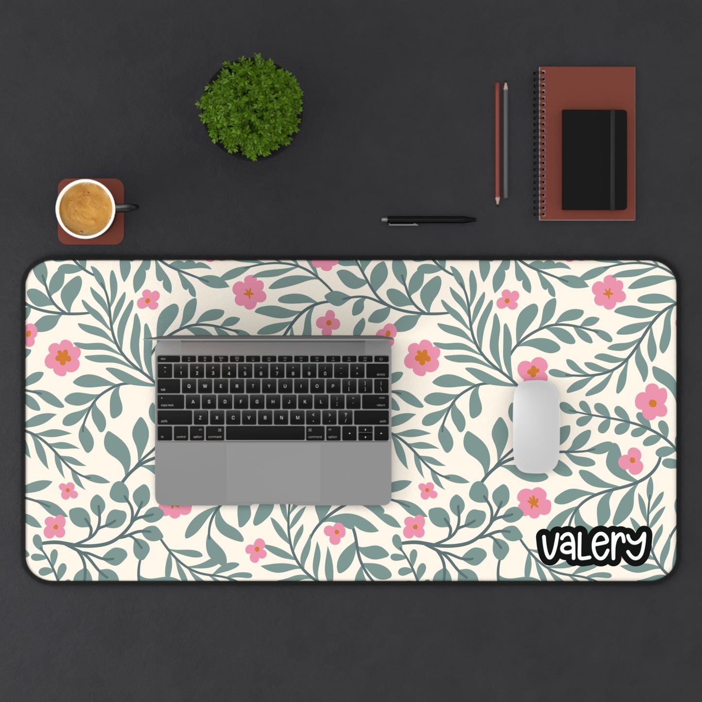 Personalized Desk Mat | Green Leaves and Flowers Desk Mat | Cute Desk Pads