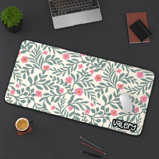 Personalized Desk Mat | Green Leaves and Flowers Desk Mat | Cute Desk Pads