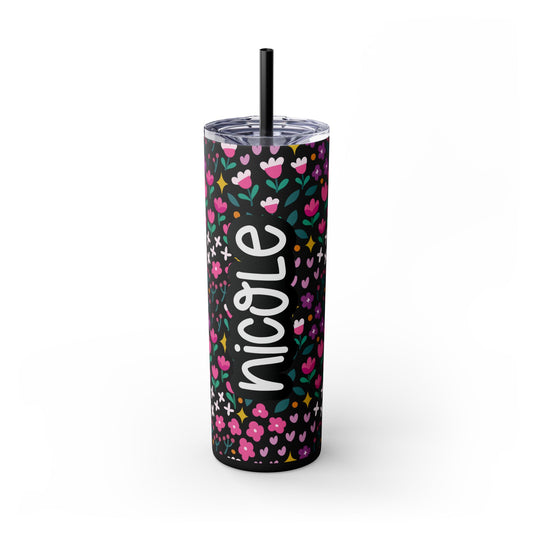 Personalized Floral Skinny Tumbler with Straw, 20oz