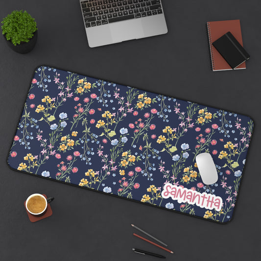 Floral Elegant Custom Desk Mat Navy Blue | Personalized Desk Mat | Cute Desk Pad