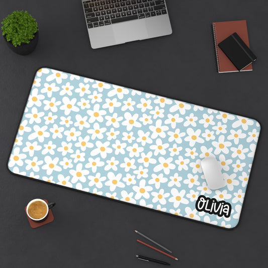 Personalized Daisies Floral Desk Mat Light Blue| Cute Desk Pad