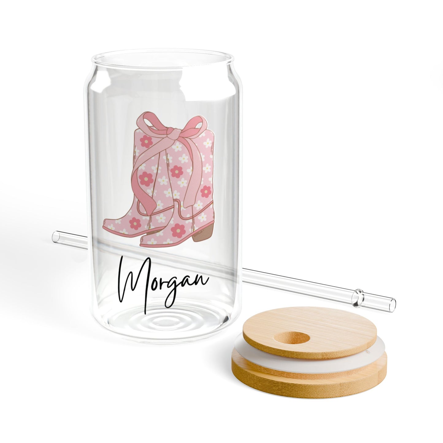 Personalized Pink Cowgirl Boots Glass Cup, 16oz | With Lid & Straw