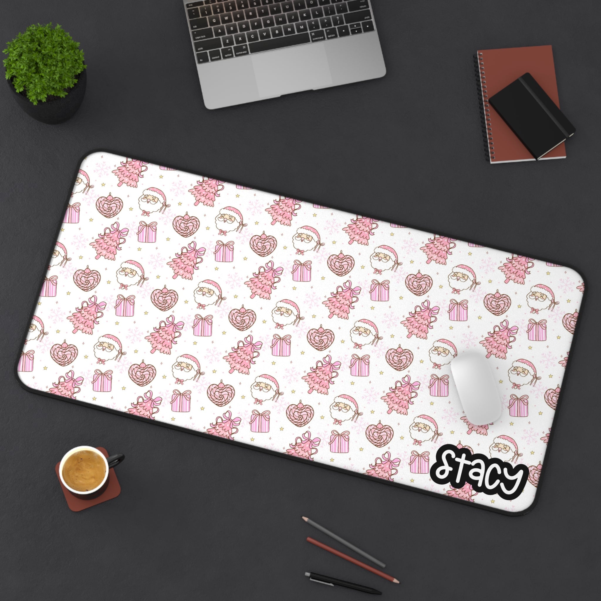 Pink Christmas Tree & Santa Themed Desk Mat – Cute Designs by Keila LLC