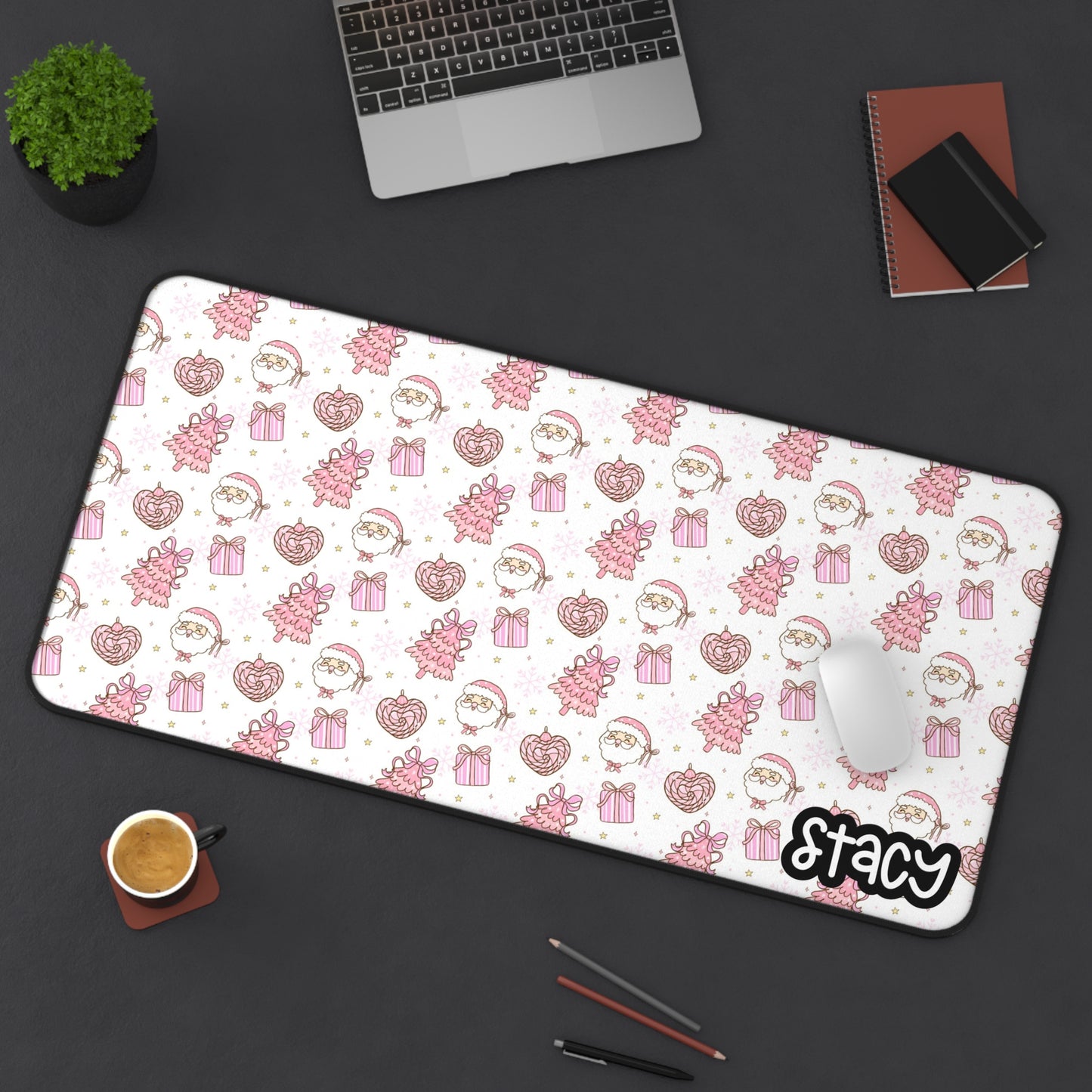 Pink Christmas Tree & Santa Themed Desk Mat