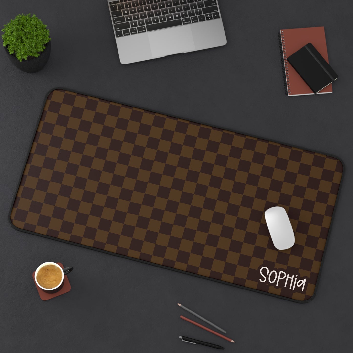 Checkerboard Brown Personalized Desk Mat — Custom Name Mouse Pad