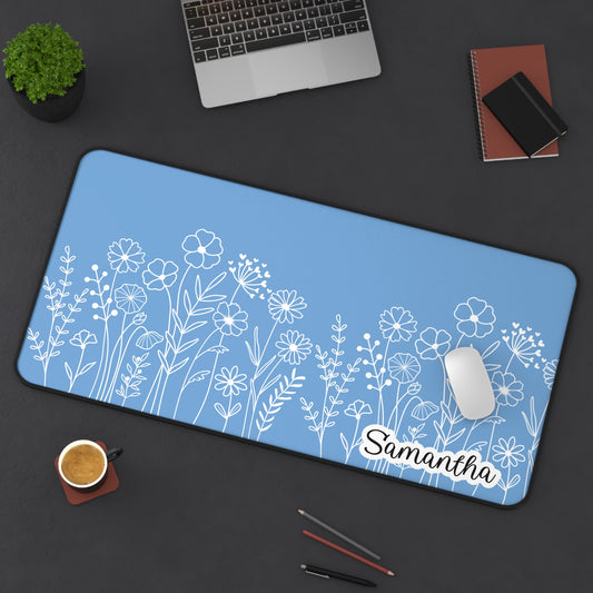 Minimalist Flower Field Personalized Desk Mat Baby Blue | Cute Desk Pad