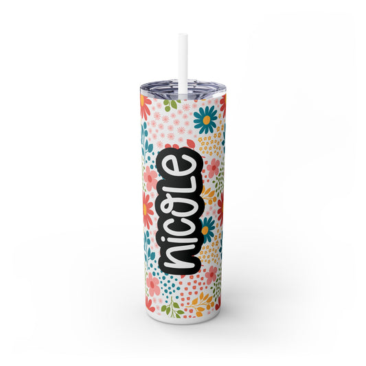Personalized Floral Skinny Tumbler with Straw, 20oz