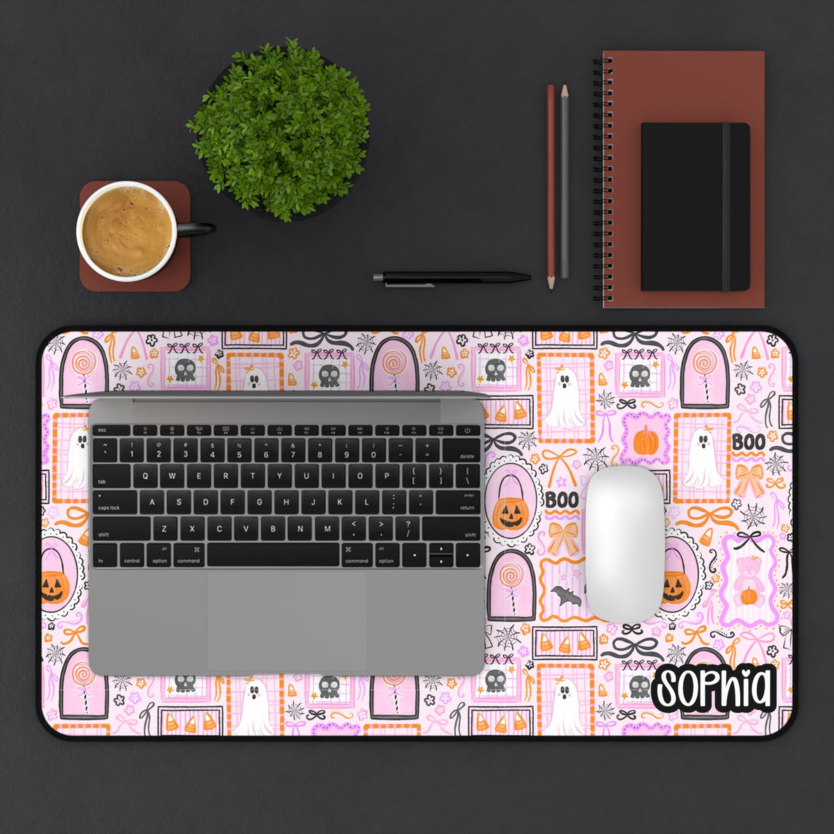 Pink Preppy Halloween Desk Mat | Cute Ghost, Pumpkin & Bow Desk Pad | Personalized Halloween Desk Decor