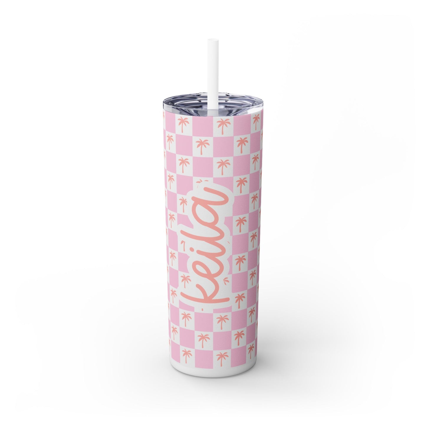 Personalized Tropical Palm Pink Skinny Tumbler with Straw - 20oz, Customizable Keila Design