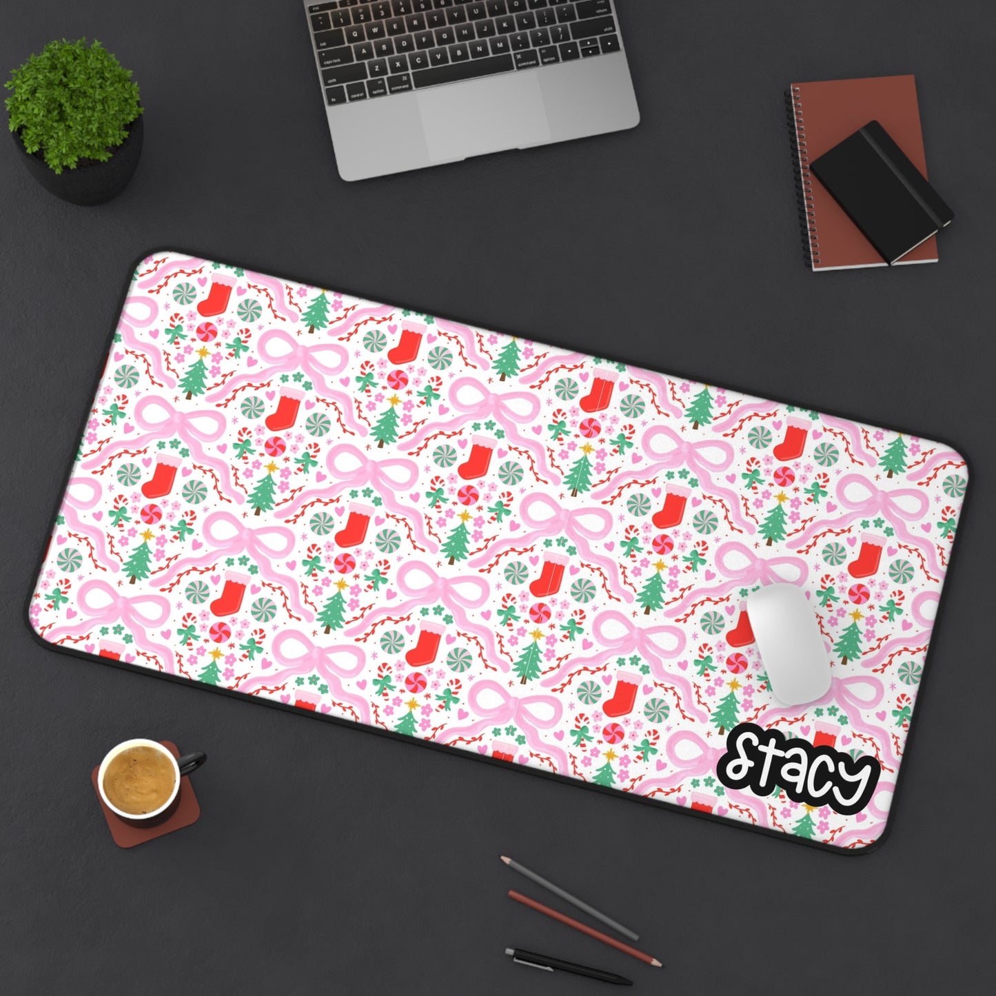 Pink Christmas Desk Mat | Coquette Christmas Tree & Stockings Desk Mat