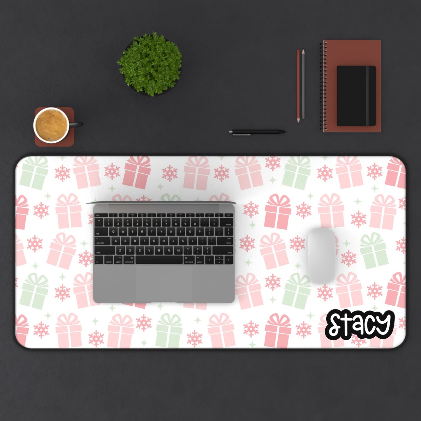 Pink Christmas Gift-Themed Desk Mat (white) - Personalized Holiday Workspace Decor