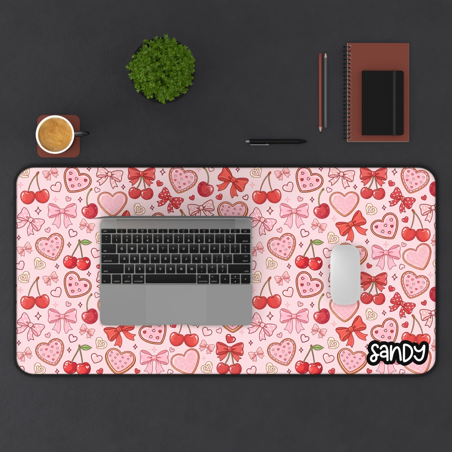 Pink Cherry & Hearts Desk Mat — Cute Valentine Gaming Mouse Pad
