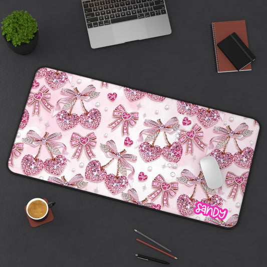 Pink Glitter Bow Cherry Desk Mat | Personalized Valentine Mouse Pad | Cute Valentine Desk Mat