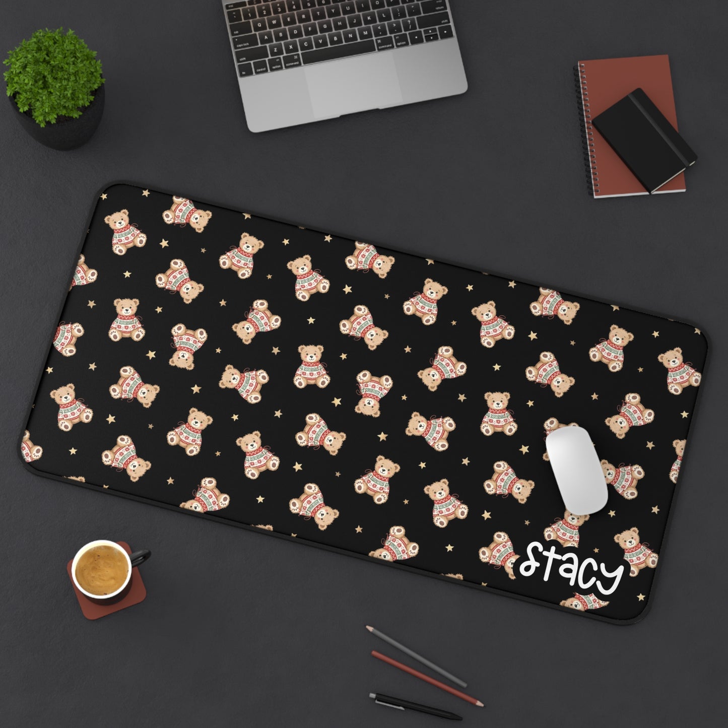 Cute Holiday Teddy Bear Desk Mat with Personalization for Cozy Workspaces