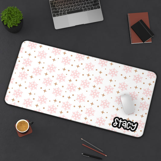 White Christmas Pink Snowflakes Desk Mat