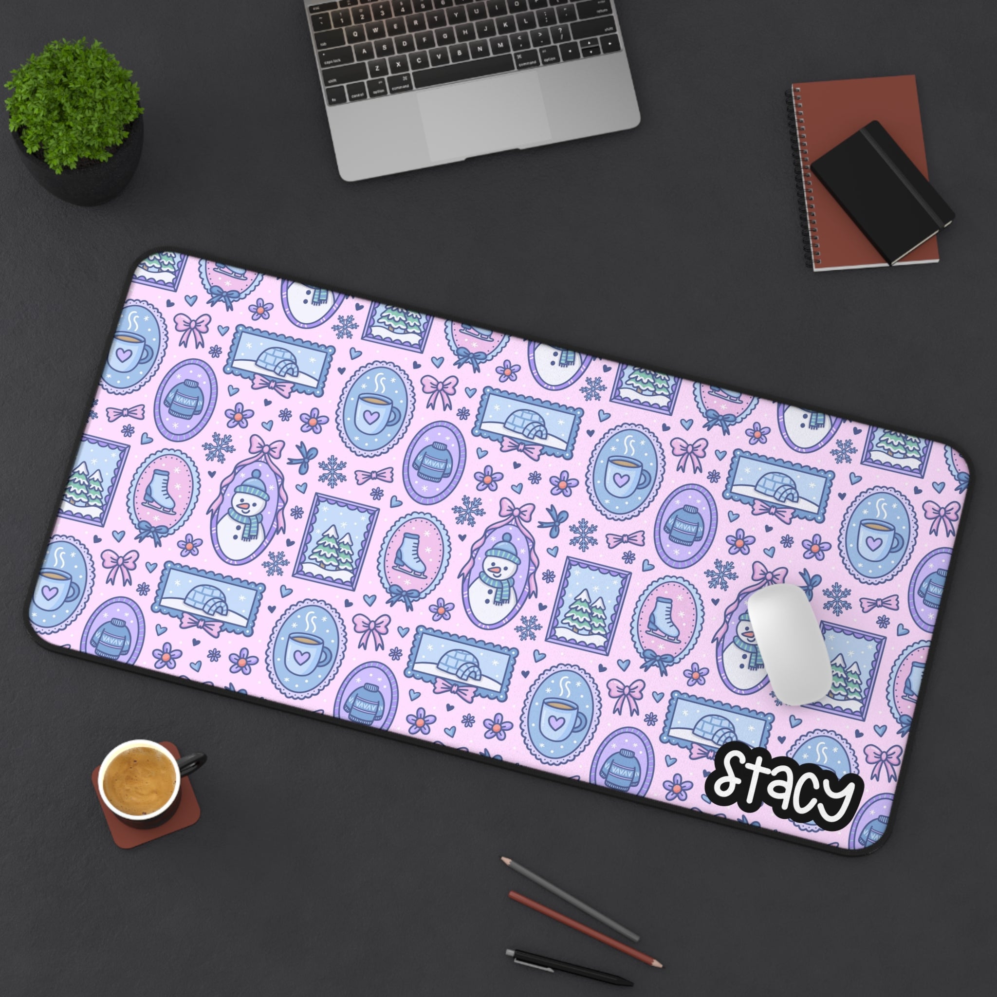 Coffee & Snowman Themed Desk Mat (pink) | Whimsical Desk Mat with Play ...