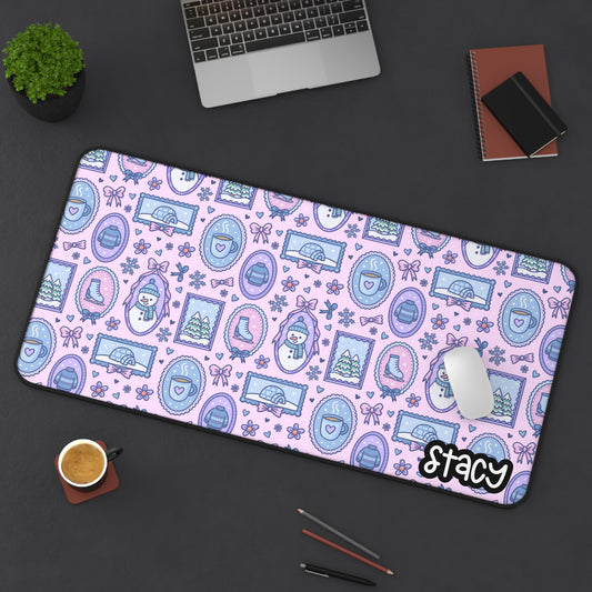 Coffee & Snowman Themed Desk Mat (pink) | Whimsical Desk Mat with Playful Patterns