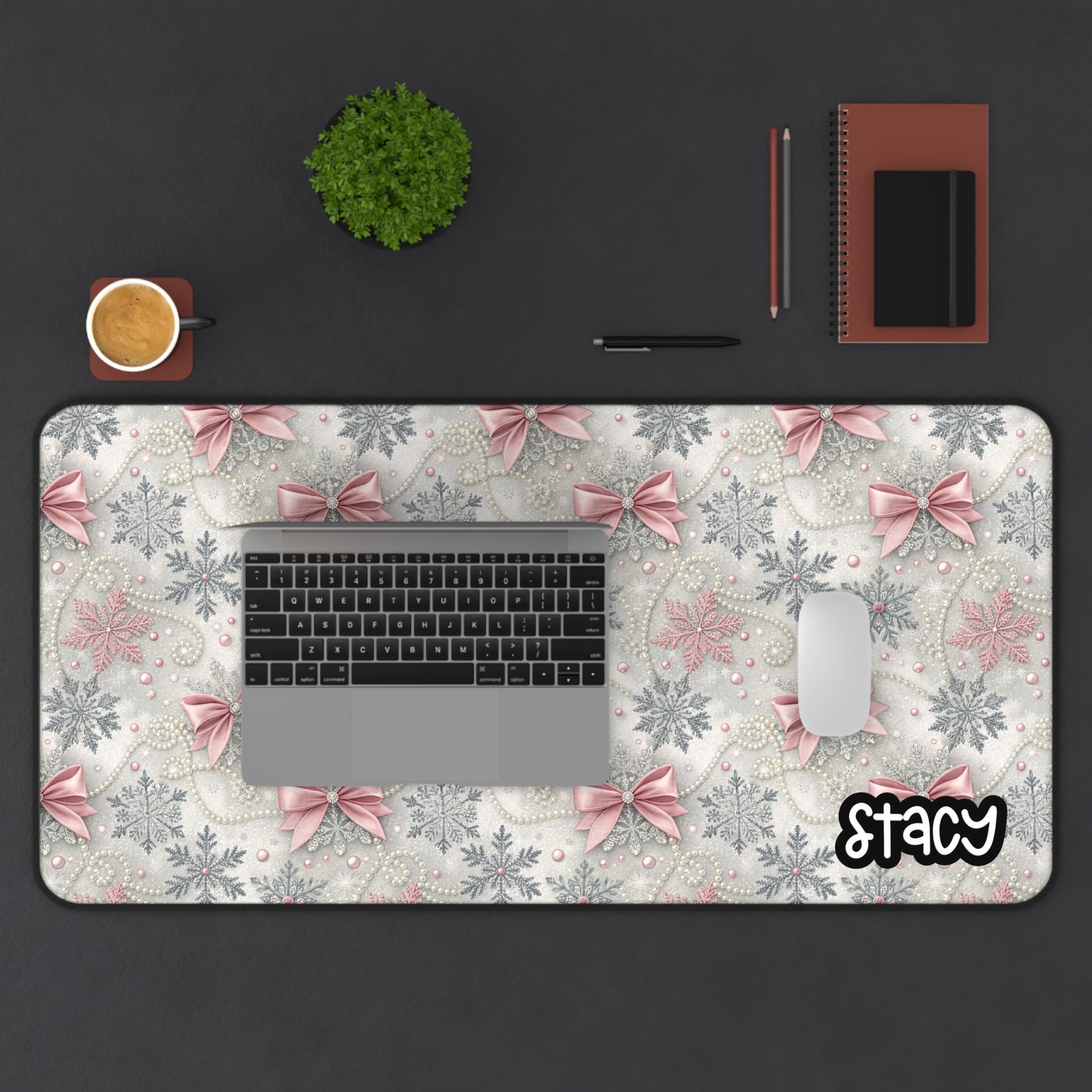 Personalized Holiday Desk Mat with Bows and Snowflakes