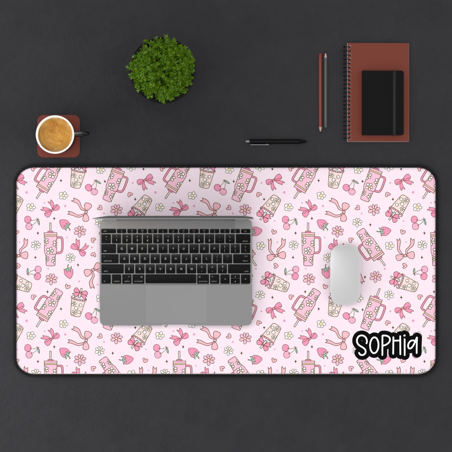 Cute Coffee & Ribbon Pattern | Pink Kawaii Desk Mat