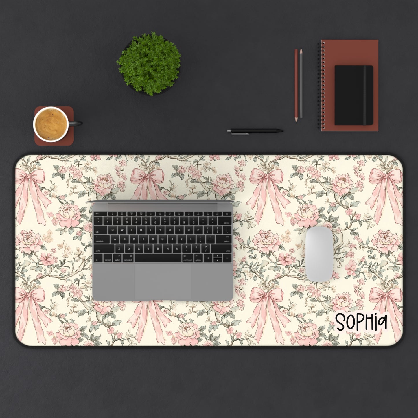 Floral Pink Bow Desk Mat — Personalized Vintage Chic Mouse Pad