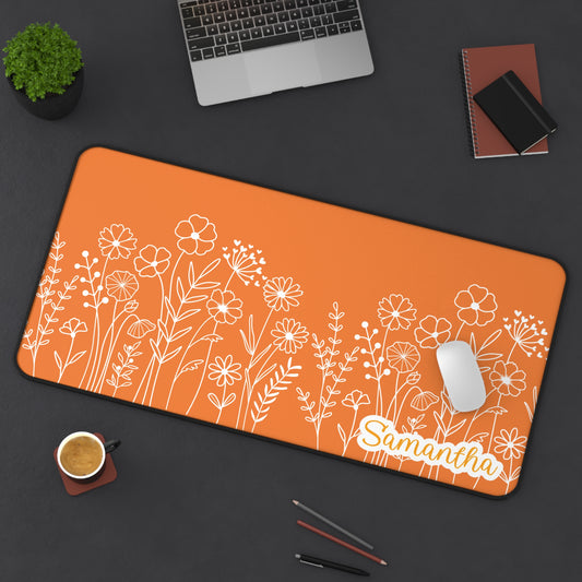 Minimalist Flower Field Personalized Desk Mat Orange | Personalized Desk Mat | Cute Desk Pad