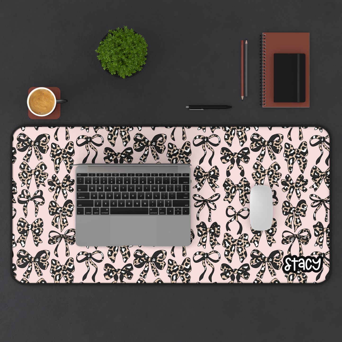 Pink Cheetah Bows Desk Mat — Girly Animal Print Mouse Pad with Name - Leopard Bows Mouse Pad