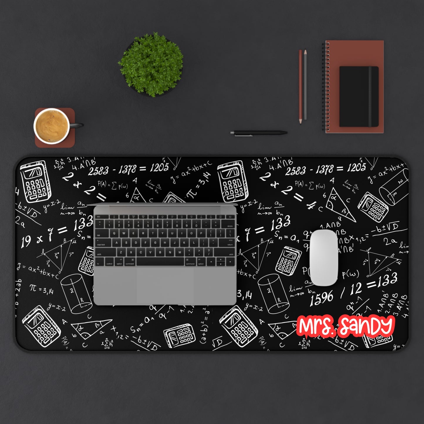 Math Teacher Desk Mat — Black Chalkboard Equations Design Desk Mat