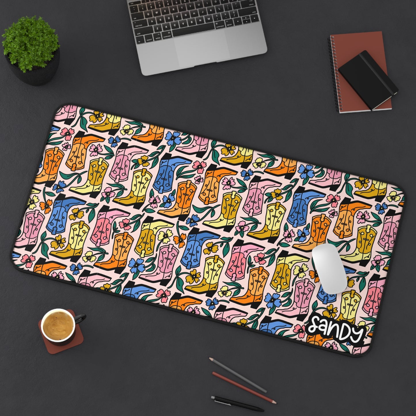 Boot Scootin’ Vibes” Personalized Desk Mat – Colorful Cowboy Boot Edition