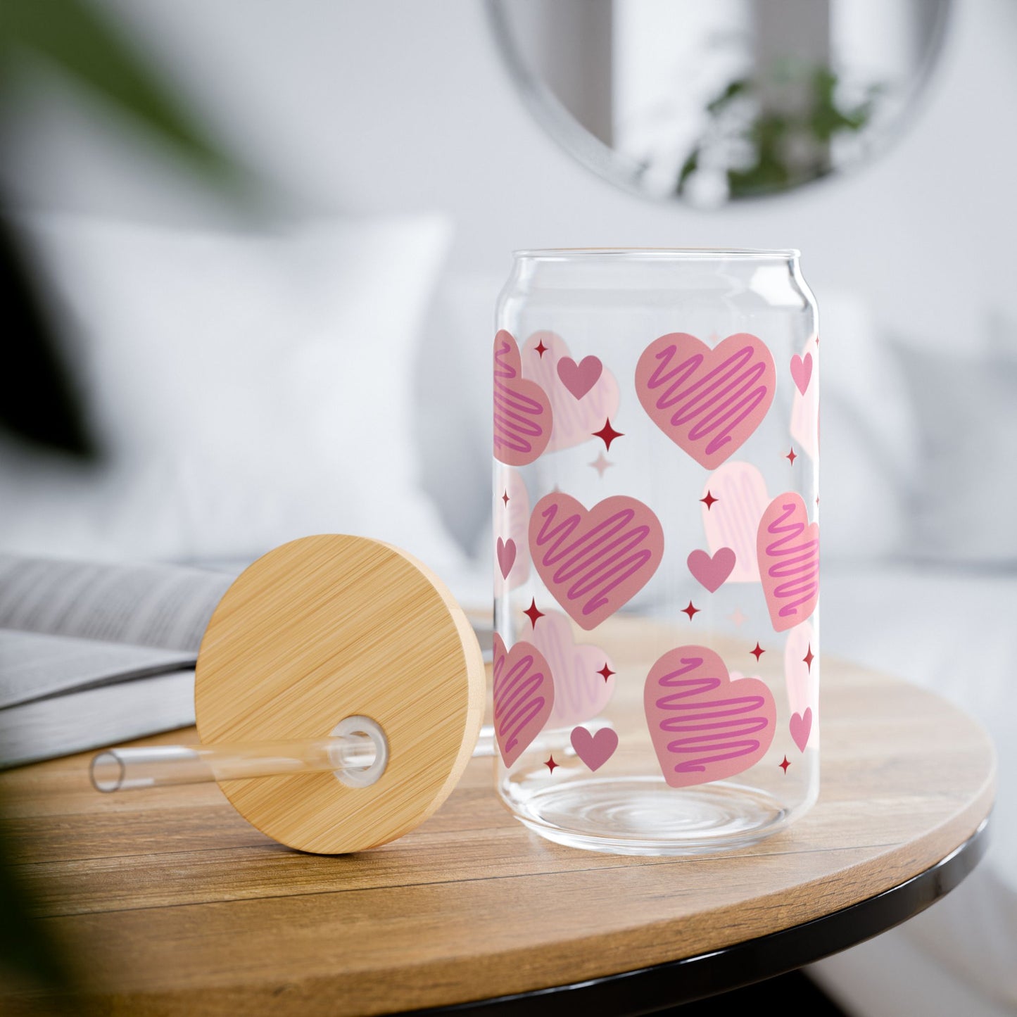 Pink Valentine’s Glass Cup, 16oz | With Lid & Straw