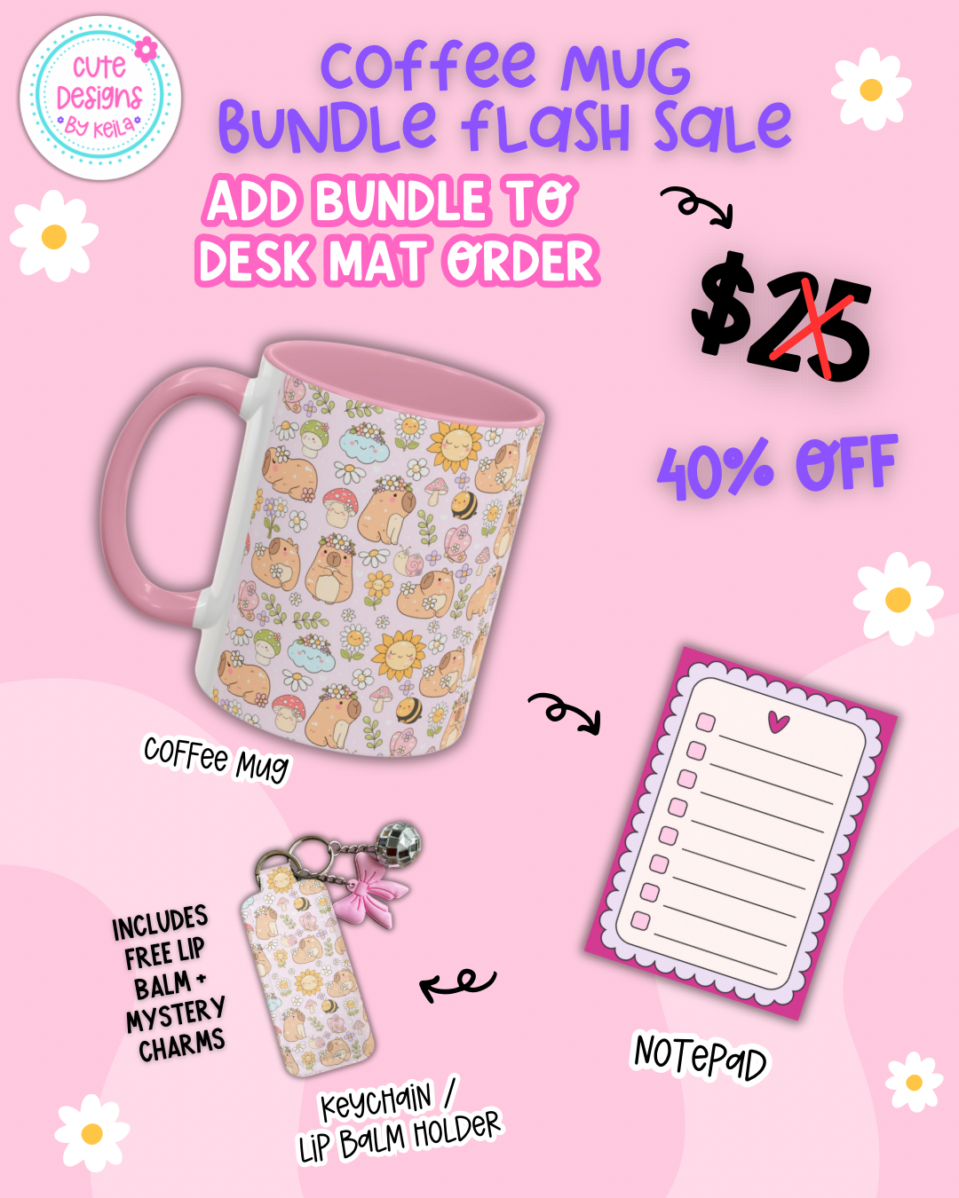 Add coffee mug bundle to Capybara desk mat order to get it for 40% off - mug + keychain matching capybara desk mat design + best seller to-do list note pad (discount applied at checkout)