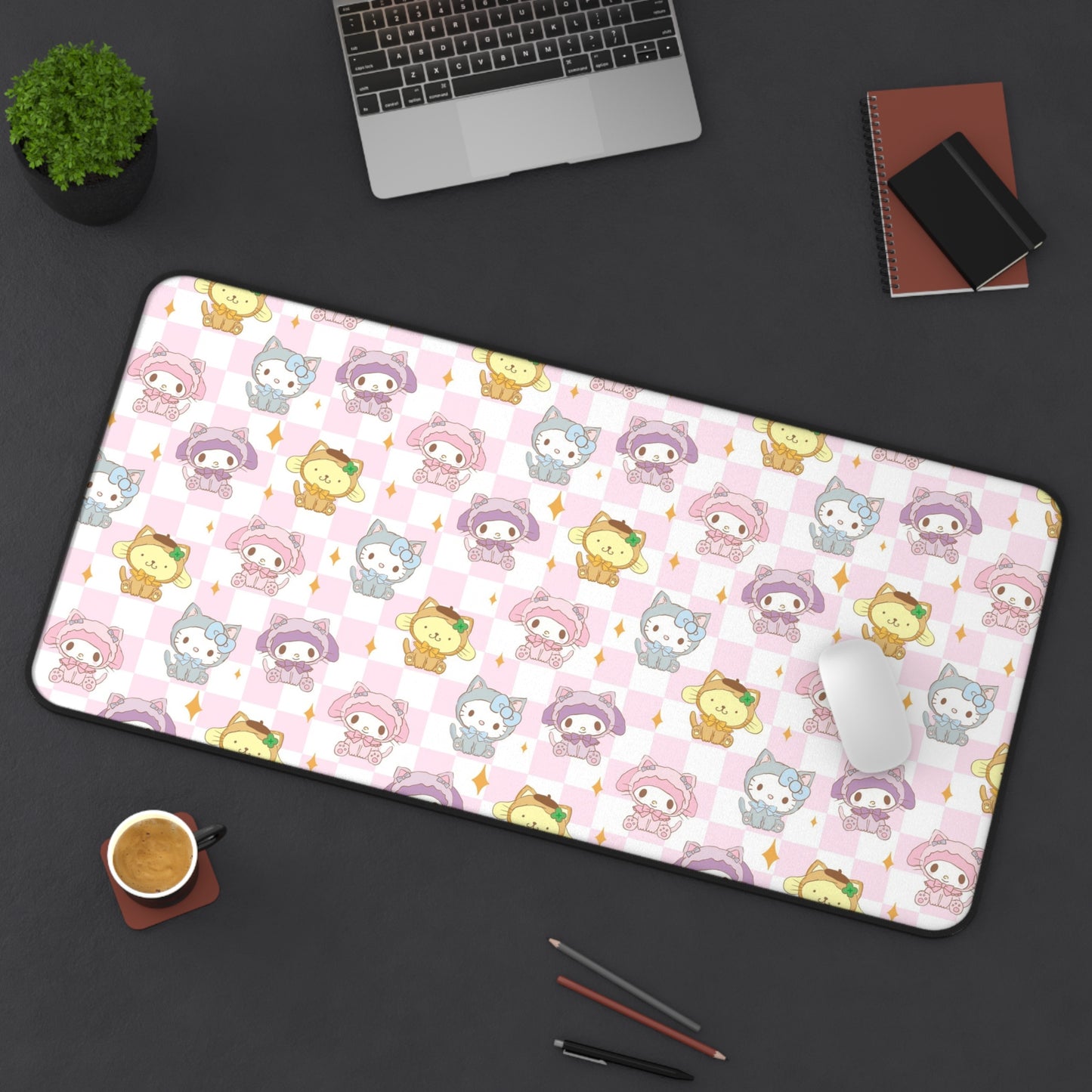 Soft Pink Checkered Hello Kitty Desk Mat | Cute Kawaii Character Desk Mat | Pastel Sanrio Desk Mat