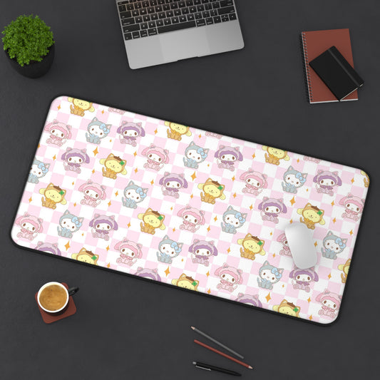 Soft Pink Checkered Hello Kitty Desk Mat | Cute Kawaii Character Desk Mat | Pastel Sanrio Desk Mat