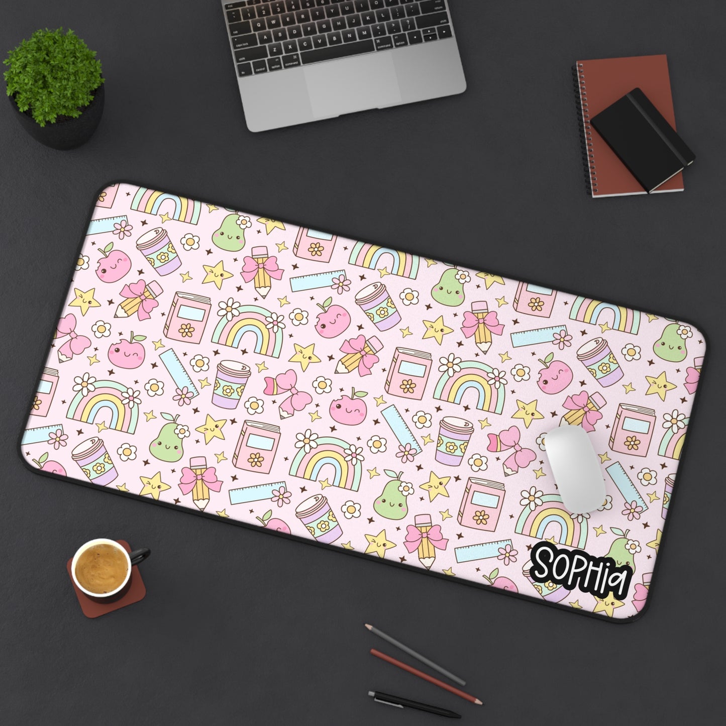 Soft Girl Era Teacher Desk Mat | Soft Pink Teacher Desk Mat | Pastel Kawaii Desk Mat - Cute Rainbows & Stars Personalized Mousepad