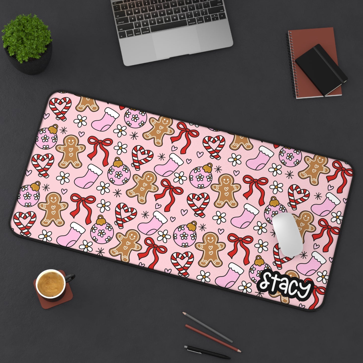 Pink Gingerbread & Christmas Stockings Desk Mat