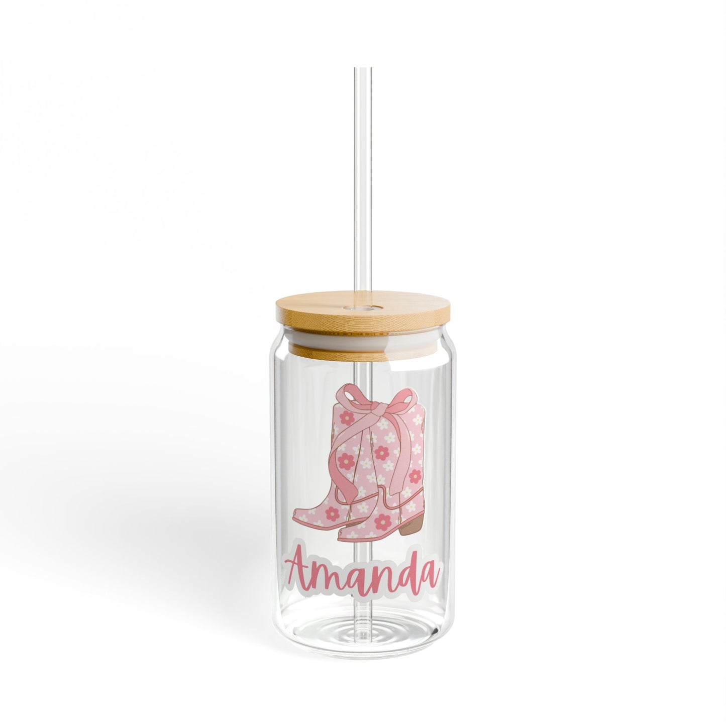 Personalized Pink Cowgirl Boots Glass Cup, 16oz | With Lid & Straw