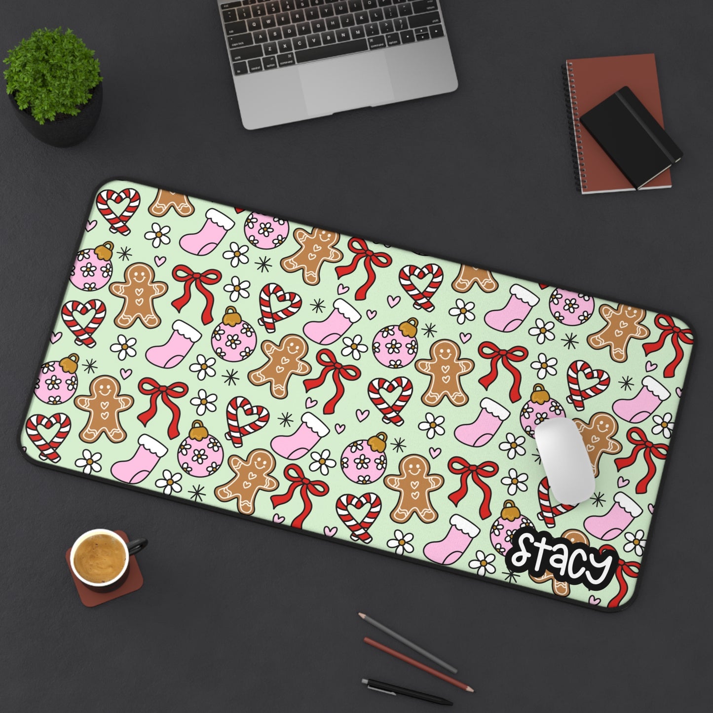 Holiday-Themed Desk Mat with Gingerbread and Candy Design